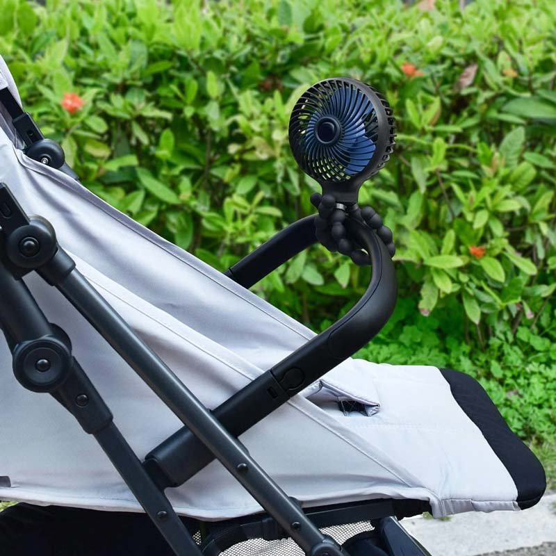 Baby stroller fan installed on a protective bar