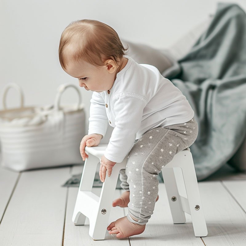 Baby on a step stool in his room