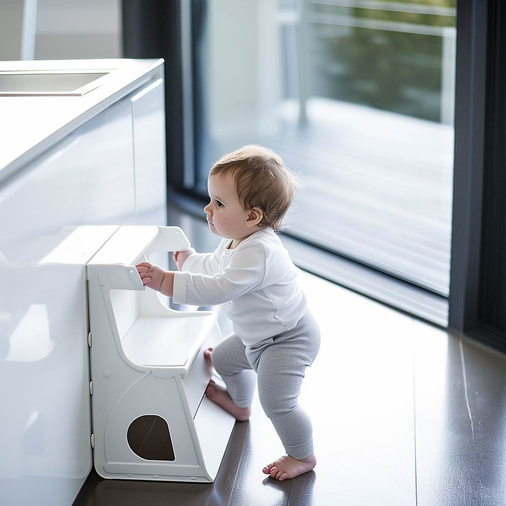 Child using a step stool in the kitchen