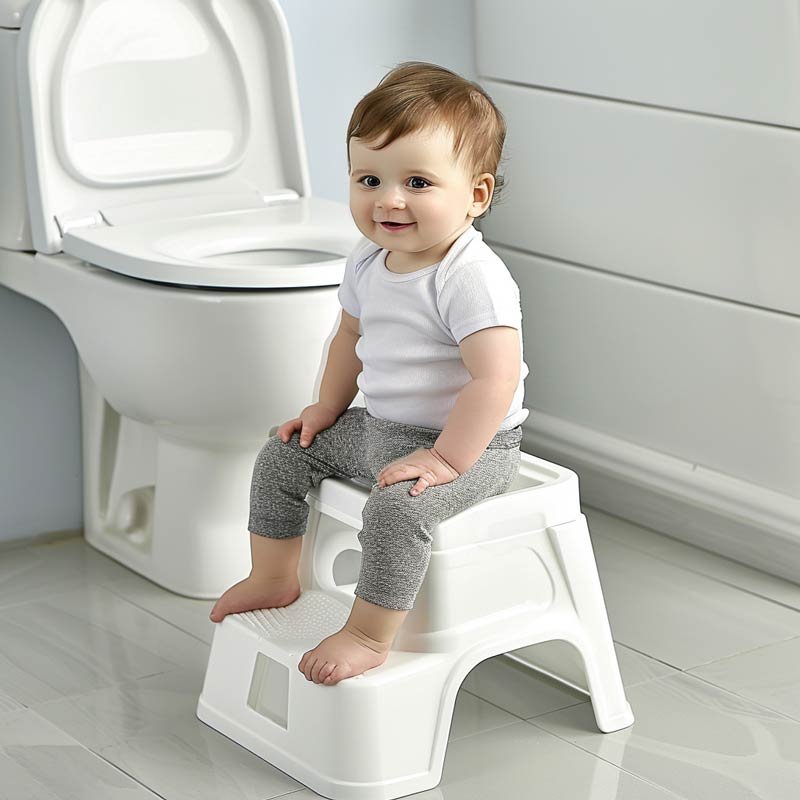 Baby on a step stool in the toilet