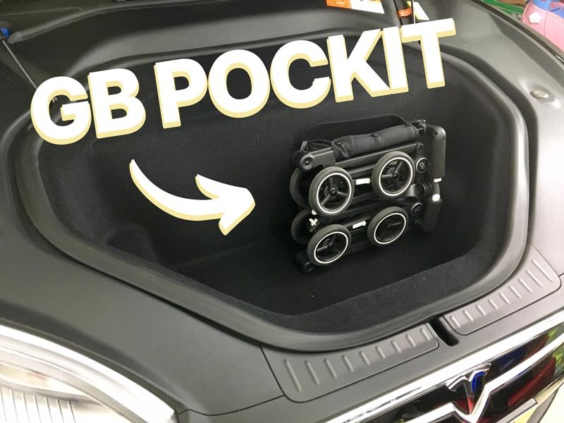 GB Pockit pounded stroller in the trunk of a Tesla Model 3