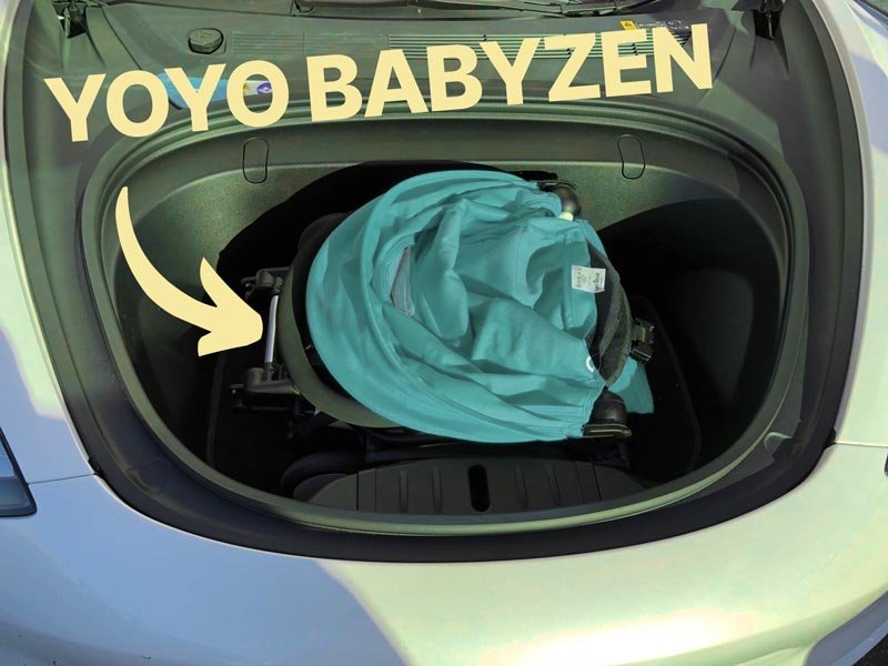 YOYO Babyzen stroller folded in the frunk of a Tesla Model 3