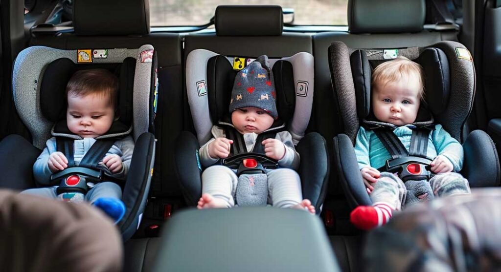 3 babies in 3 car seats in the back of a car