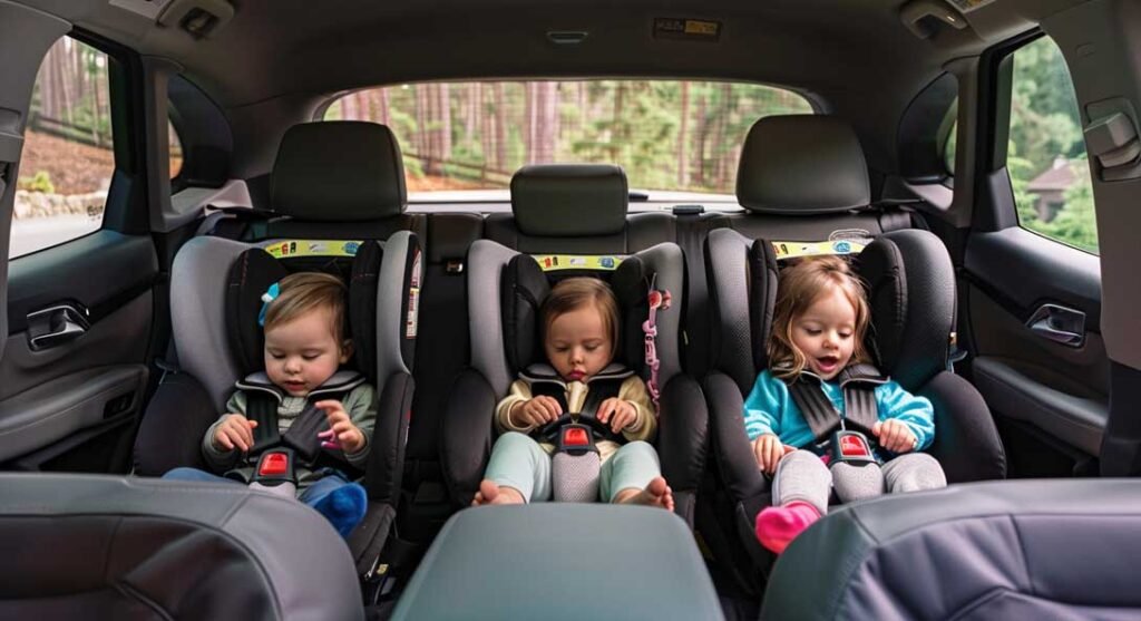 3 children in 3 car seats in the back of a car