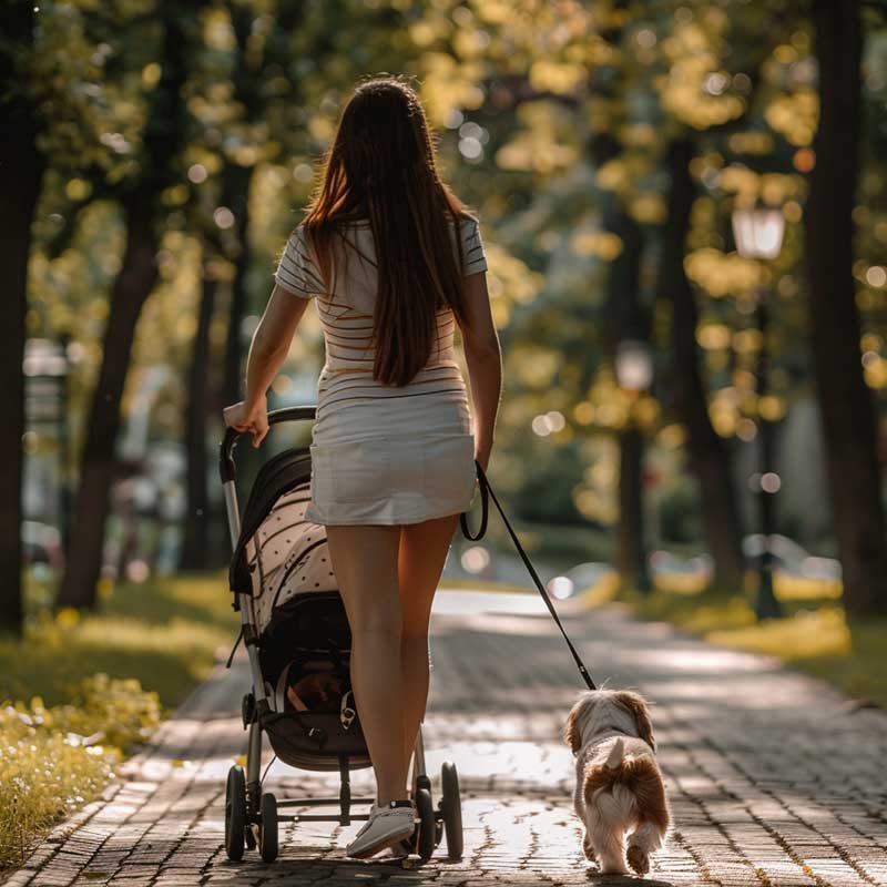 mum with her stroller and her dog on a lead